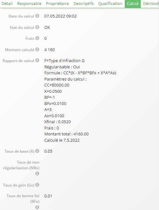 Détails du calcul de l'amende